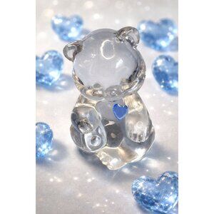 Fenton Teddy Bear Clear Glass Blue Heart Paperweight Figurine Signed